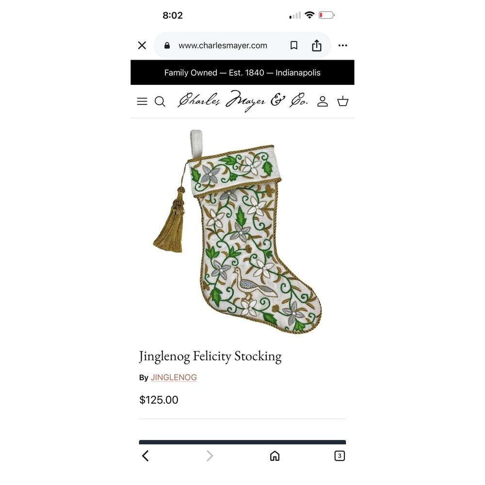 JingleNog Felicity Stocking $125 each